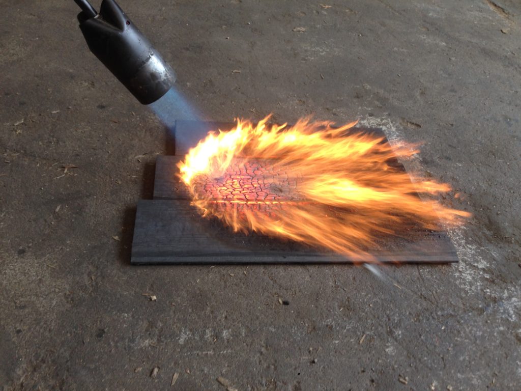 Testing the fire resistance of our shou sugi ban charred wood before sending off to the lab.