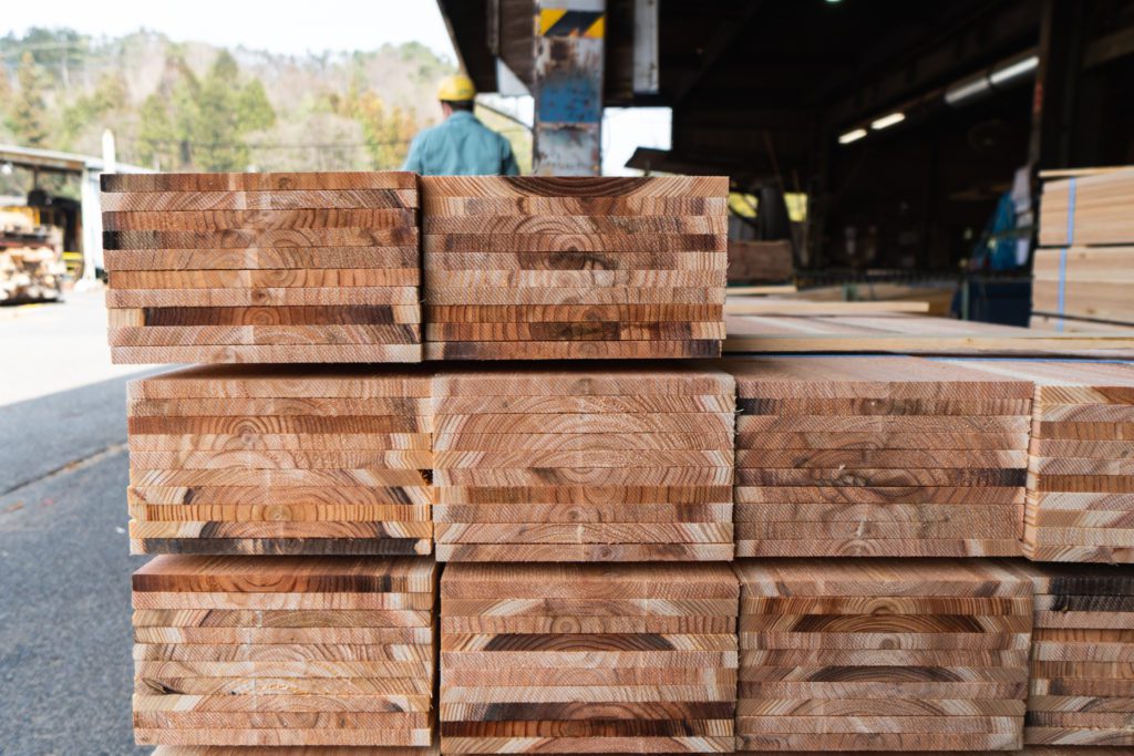 Square edge sugi cypress boards stacked at our Hiroshima mill
