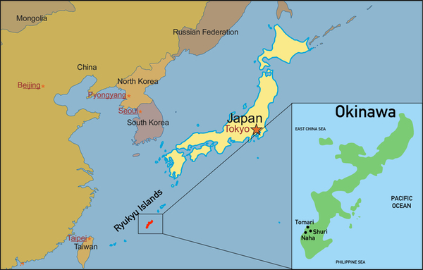 map of Japan and location of the island of Okinawa