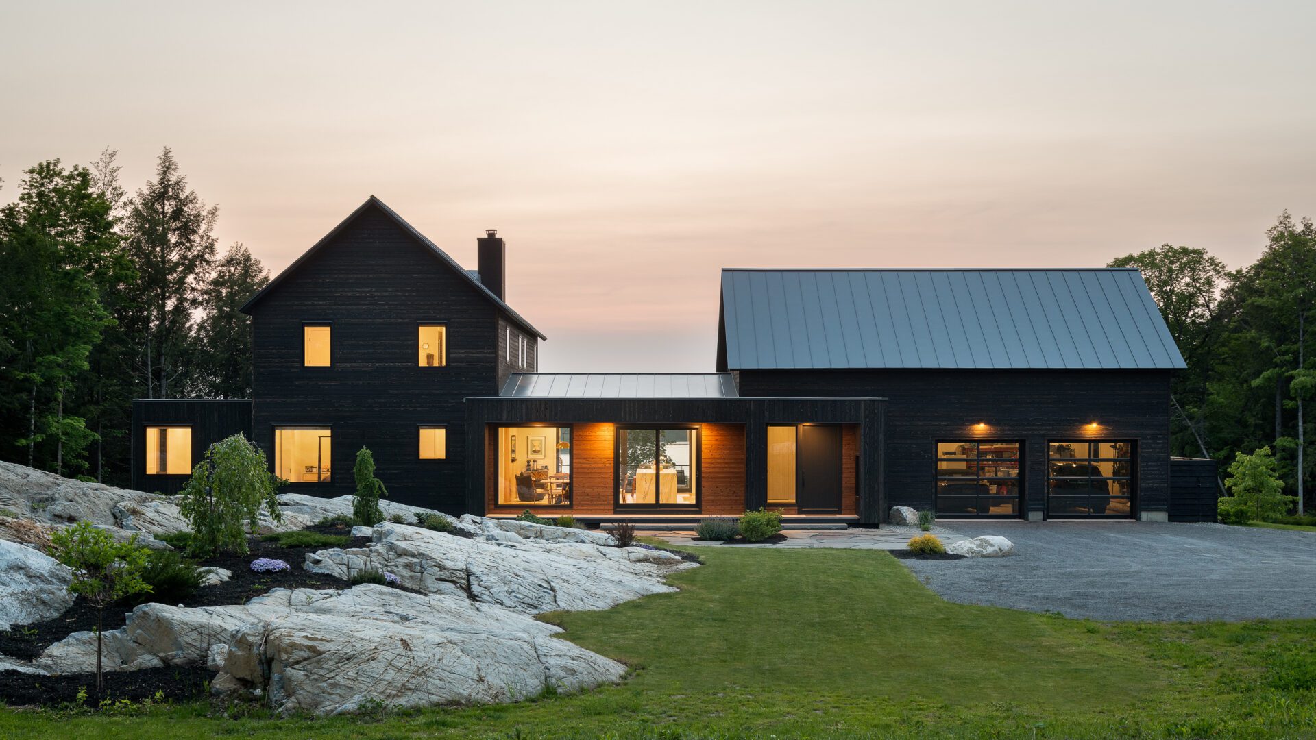 Residence in Shelburne, Vermont featuring Pika-Pika shou sugi ban siding in Black and Amber finish colors.