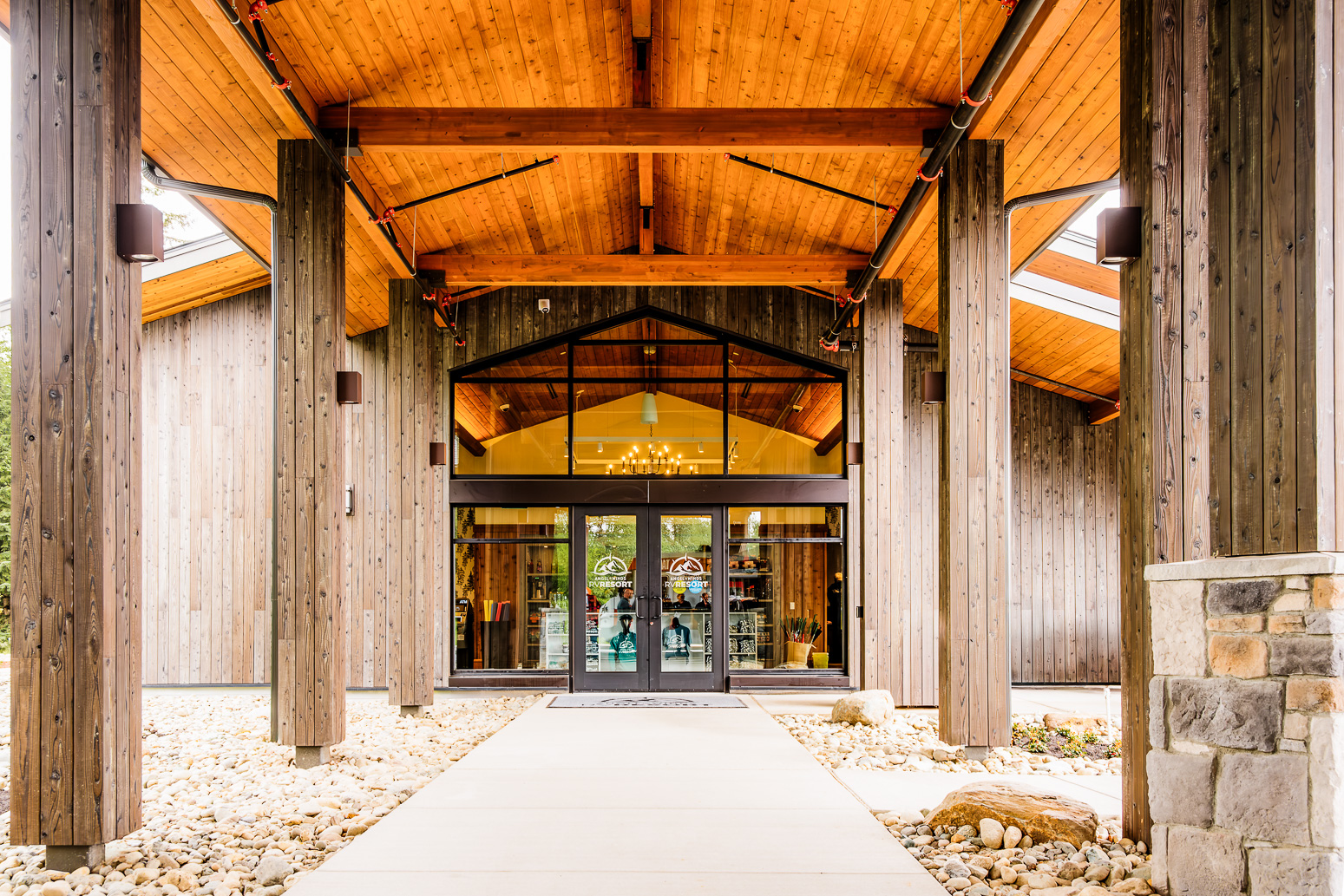 Main Entrance at Angel of the Winds RV Resort, clad in Gendai® Weathering Stain Silver