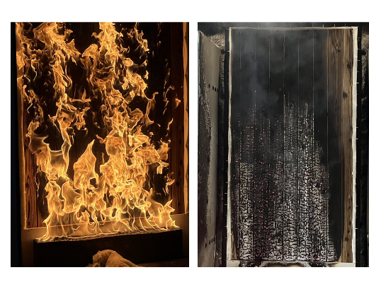 Composite image of yakisugi flame spread test, with burning board on the left and smoldering board with flames neutralized on the right
