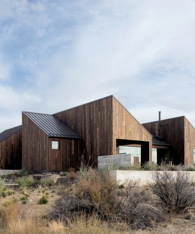 Yakisugi "Shou sugi ban" charred wood siding in a Gendai® Linseed Oil Amber finish installed on the Octothorpe House in the high desert city of Bend, Oregon.